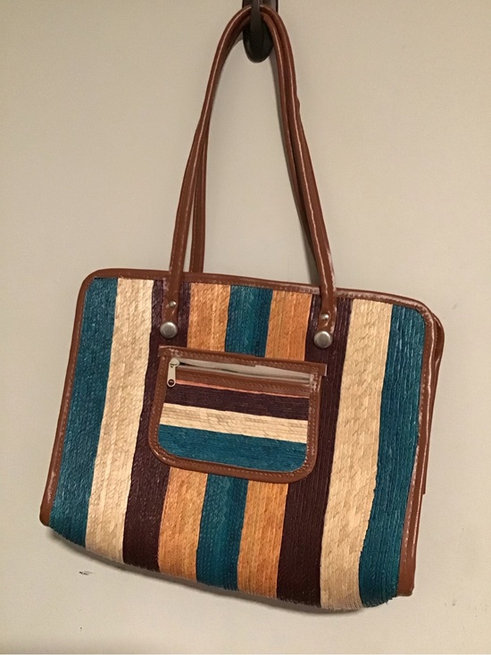 Handbags - Striped Multicolor Tote Bag with Brown Trim